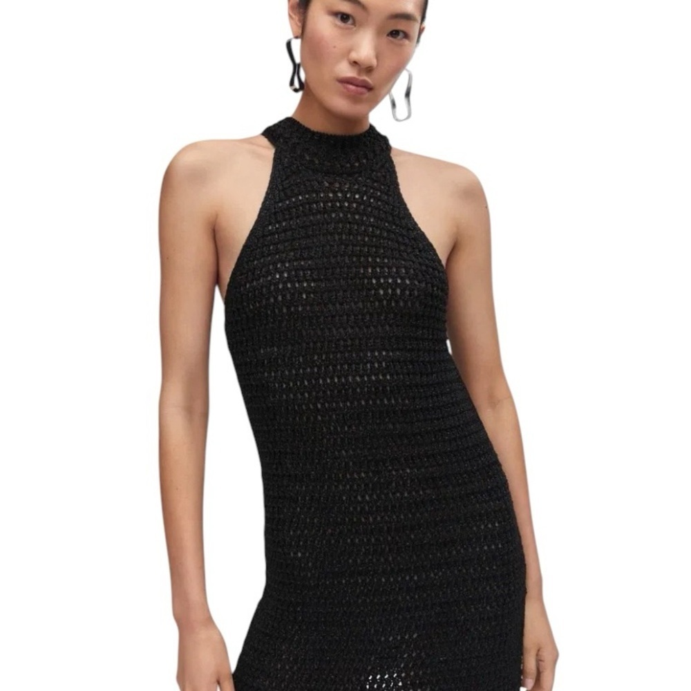 Mango Black Shimmer Halter Open Knit sheer Mini Dress Sleek Mini party Dress LBD - Picture 3 of 13